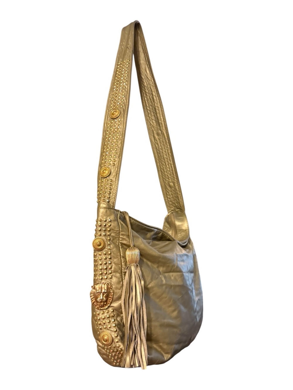 Vintage Gold Leather lion head detailed Hobo Bag with Studded Strap and Tassel